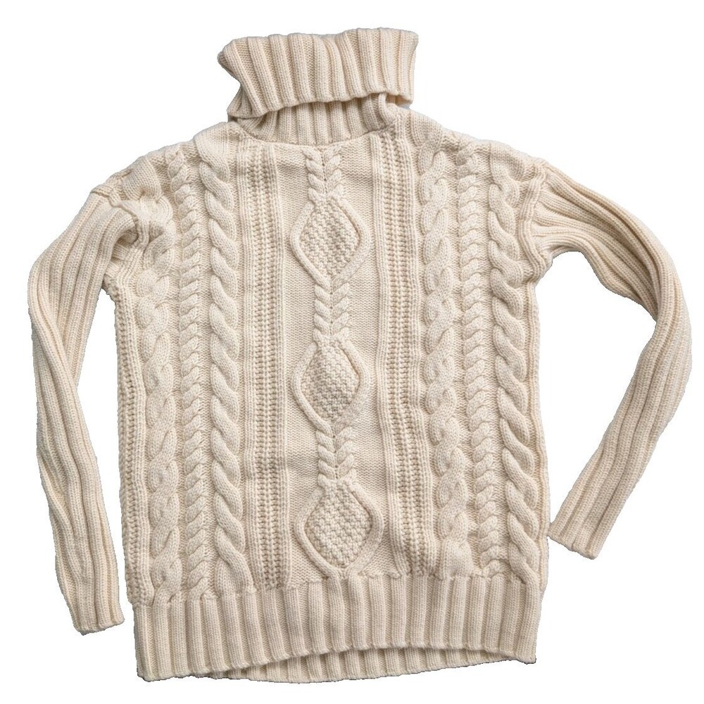 Athleta Merino Plains Sweater XS Ivory 100% Merino Wool Cable Knit Turtleneck
